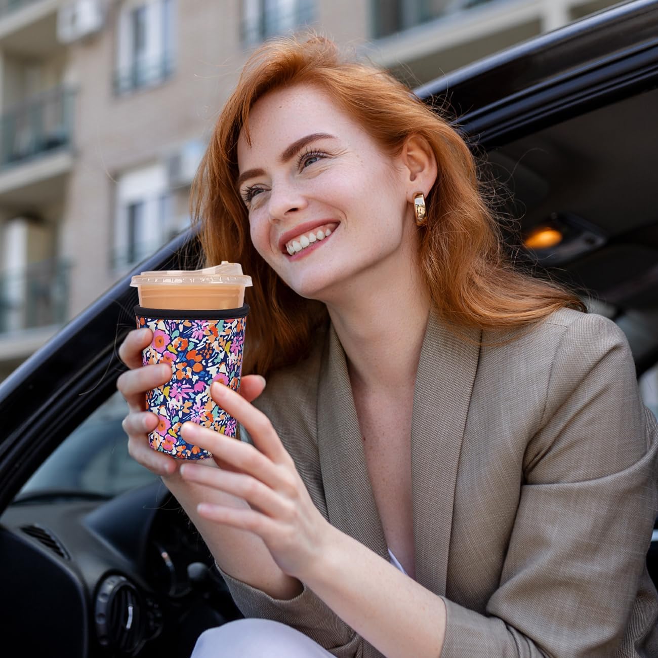 Reusable Insulated Neoprene Iced Coffee Cup Sleeve, Durable Drink Sleeve for Cold Beverages, Beverage Holder for Iced Coffee, Bloom Frenzy