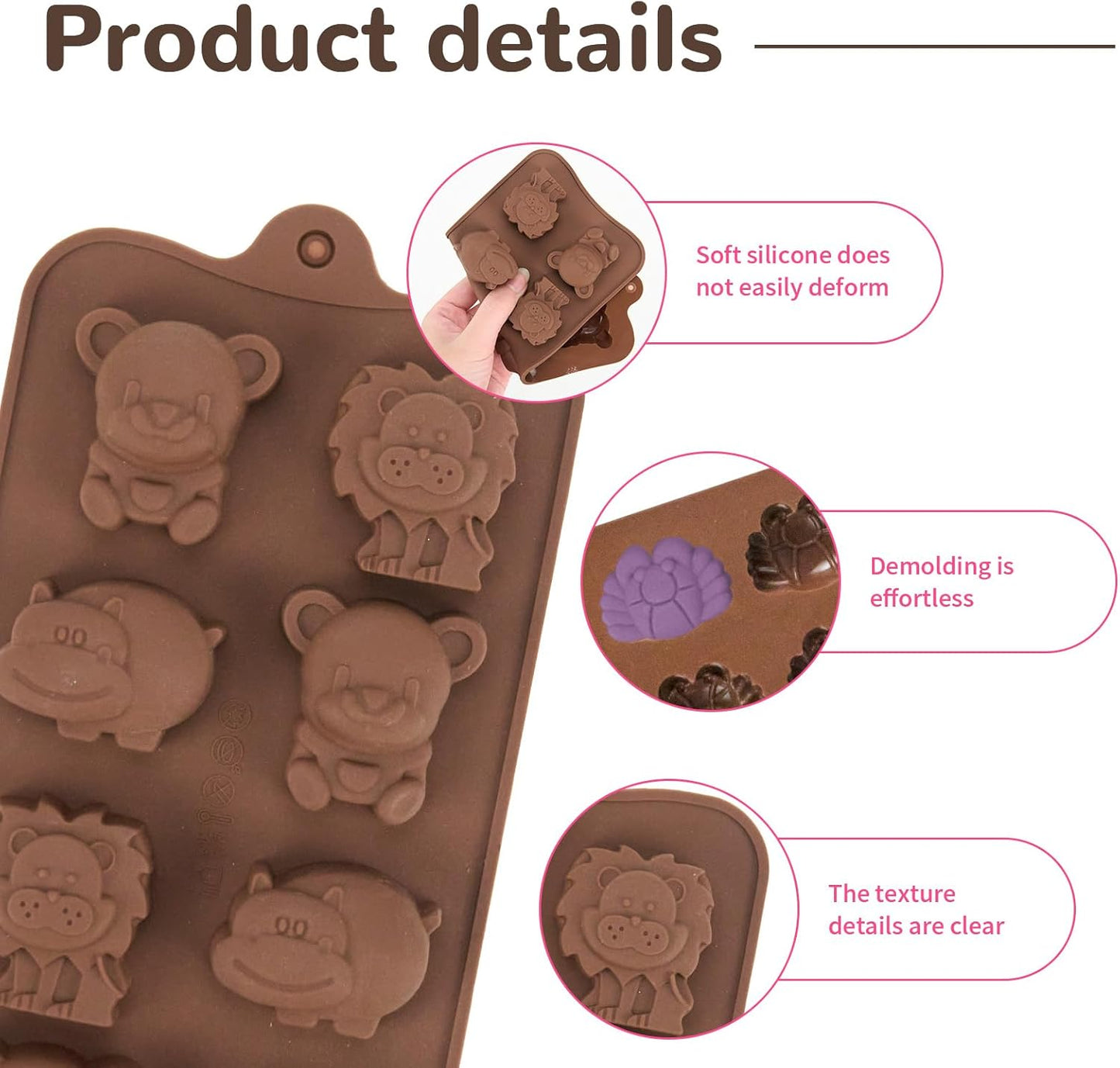 3 Pcs Non-Stick Brown Animal Themed Chocolate and Fondant Silicone Baking Molds with Wax Melt Function