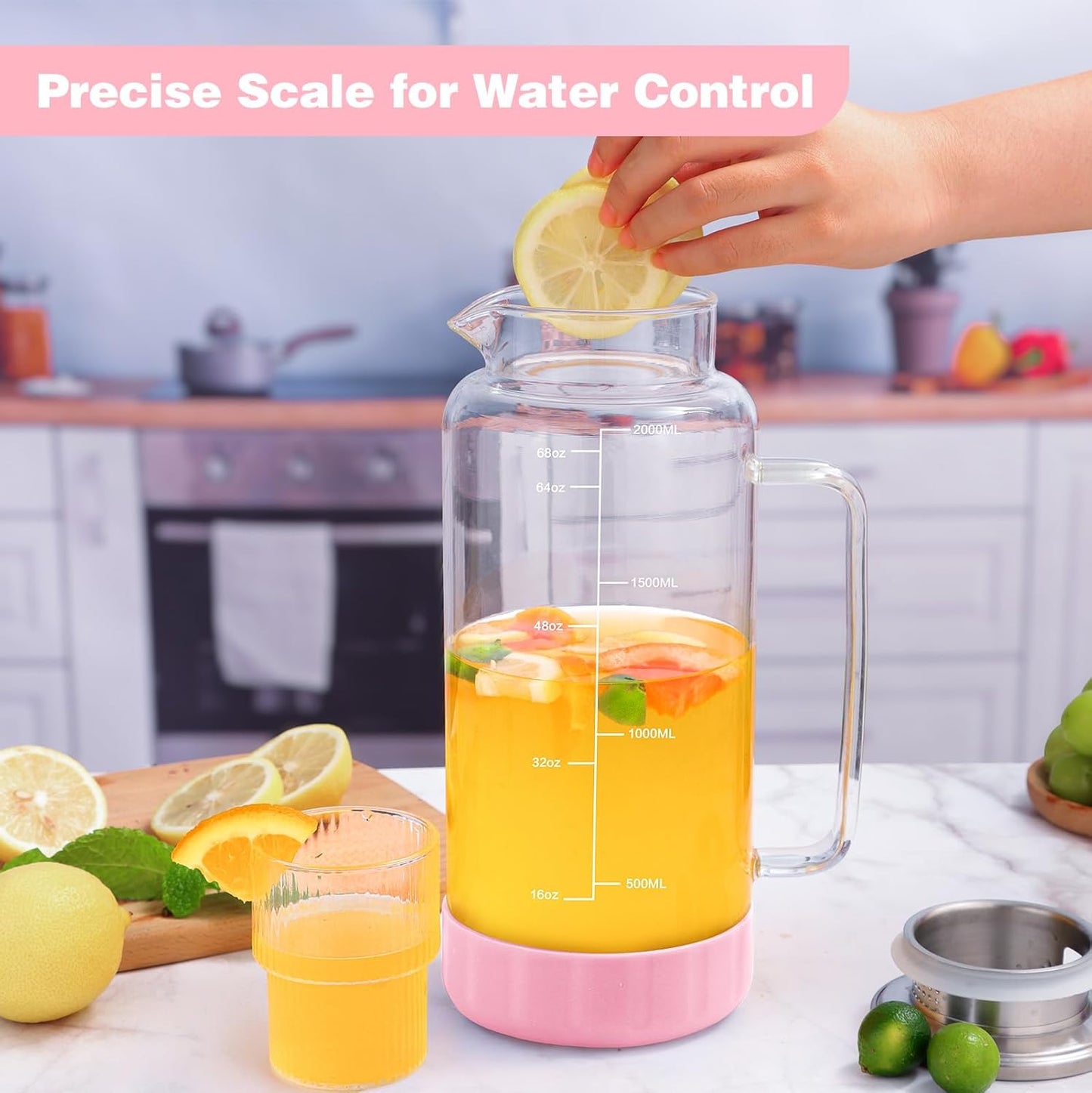 Aofmee 68oz Glass Pitcher with Lid, 2 Liter Water Carafe with Silicone Base and Precise Scale Line, Ice Tea Pitcher for Fridge, Anti-Slip Glass Jug for Sun Tea Juice Coffee Milk Beverage (Pink)
