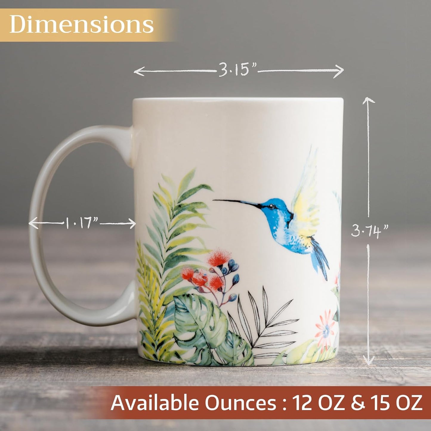 Maison d' Hermine Coffee Mug with Handles Fine Bone China Mugs Pack of One Tea Cups for Hot Beverages Cappuccino Latte Home Restaurant Office Perfect for Gift (Tropiques - Hummingbird, 12 Ounce)