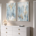 Large White Framed Blue and Gold Abstract Canvas Wall Art, 2 Piece Modern - Image 2