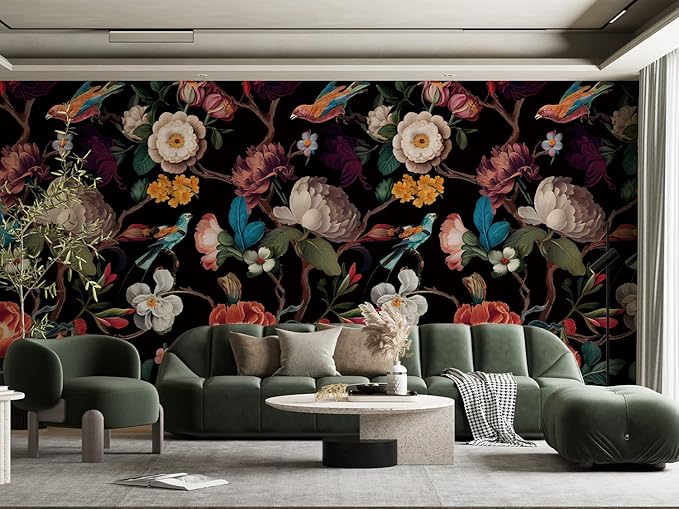 Zeeko Floral Wallpaper Black Peel and Stick Wall Mural Canvas Fabric Vintage - Image 5