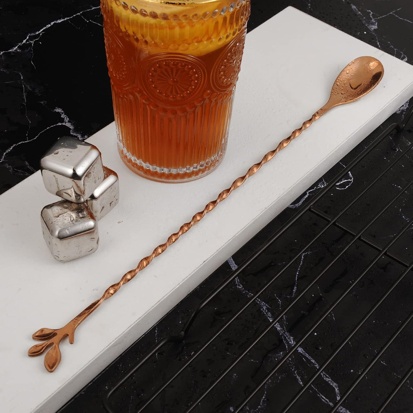 AnSaw Rose Gold 12-Inch Stainless Steel Cocktail Spoon with Leaf Handle - Perfect for Mixing & Layering Drinks in Tall Cups, Bar & Shakers - Durable Long Handle Bar Stirrer,1-Pieces