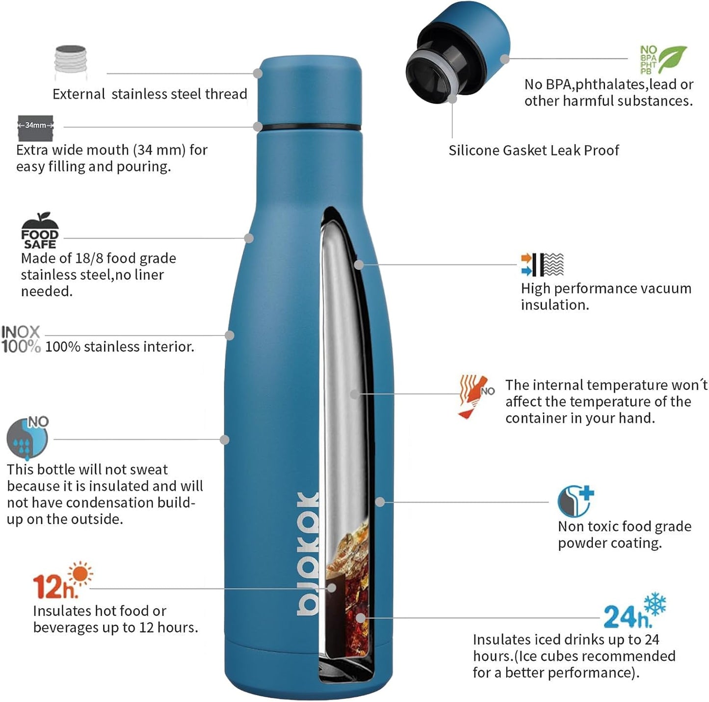 BJPKPK 17oz Insulated Water Bottles Stainless Steel Sports Water Bottles Keep Cold and Hot for Travel Dishwasher Safe,Sea Blue
