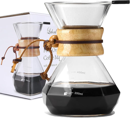 Pour Over Coffee Maker with Stainless Steel Filter, Borosilicate Glass Coffee Carafe, Modern Wooden Collar, Coffee Maker Carafe, Hold 2 Cups, 400 ml/13.5 oz, Clear