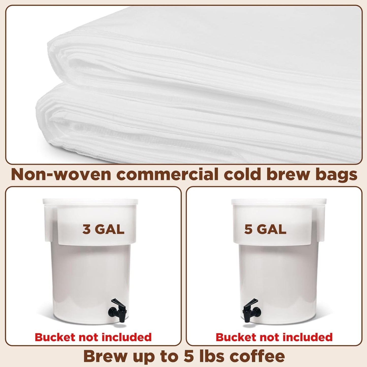 100 Pack 16" x 20" Commercial Cold Brew Coffee Filters – Disposable Non-Woven Fabric Filter Bags for 5-Gallon Buckets, Coffee Shops & Home Brewing