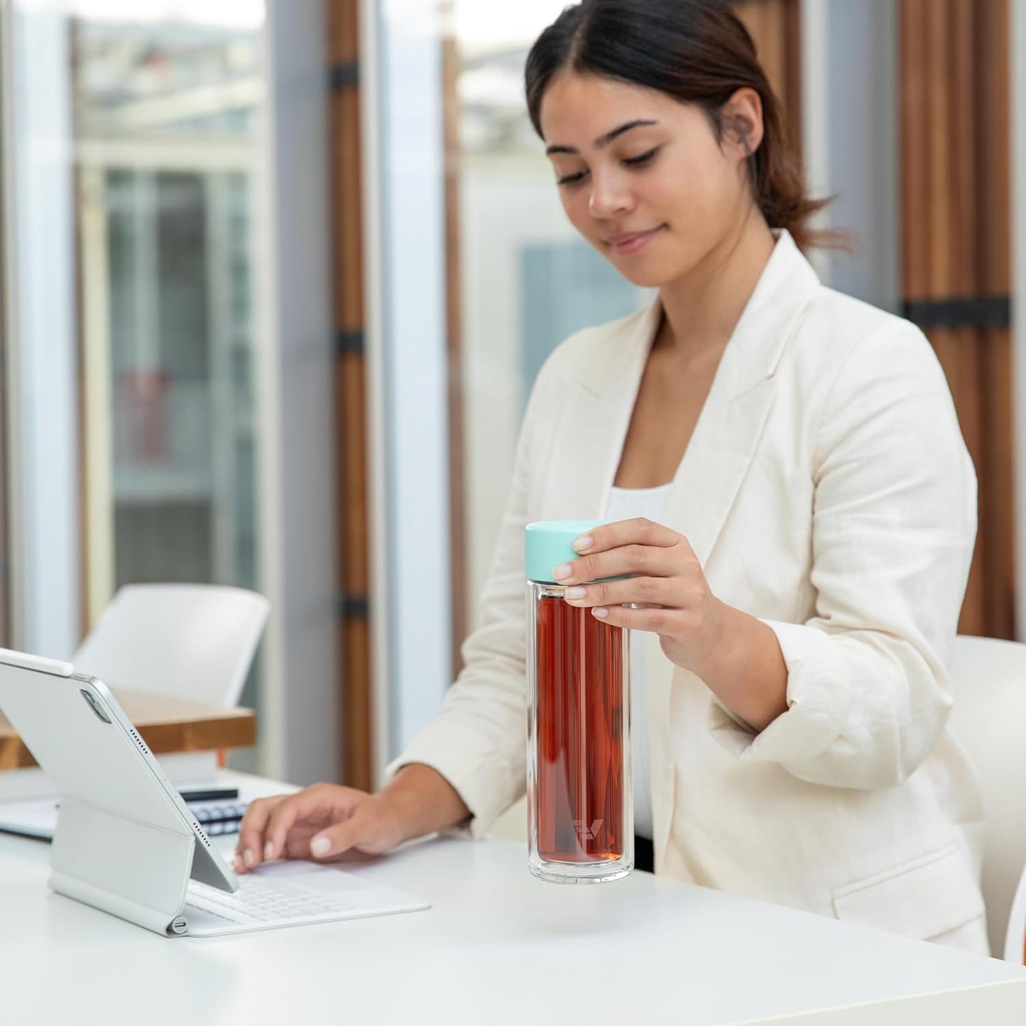 Glass Multi Tea Infuser Bottle 14oz - Double Wall Borosilicate Glass Flask | No Plastic Touches Contents | Perfect for Office or Home - Light Green
