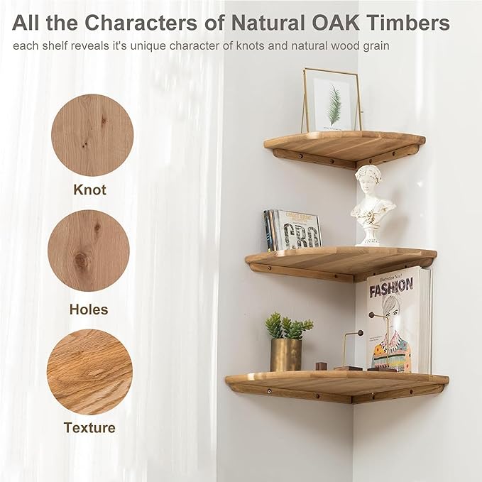 Corner Shelf, Solid Oak Wood Floating Corner Shelf Wall Mount Round End - Image 6