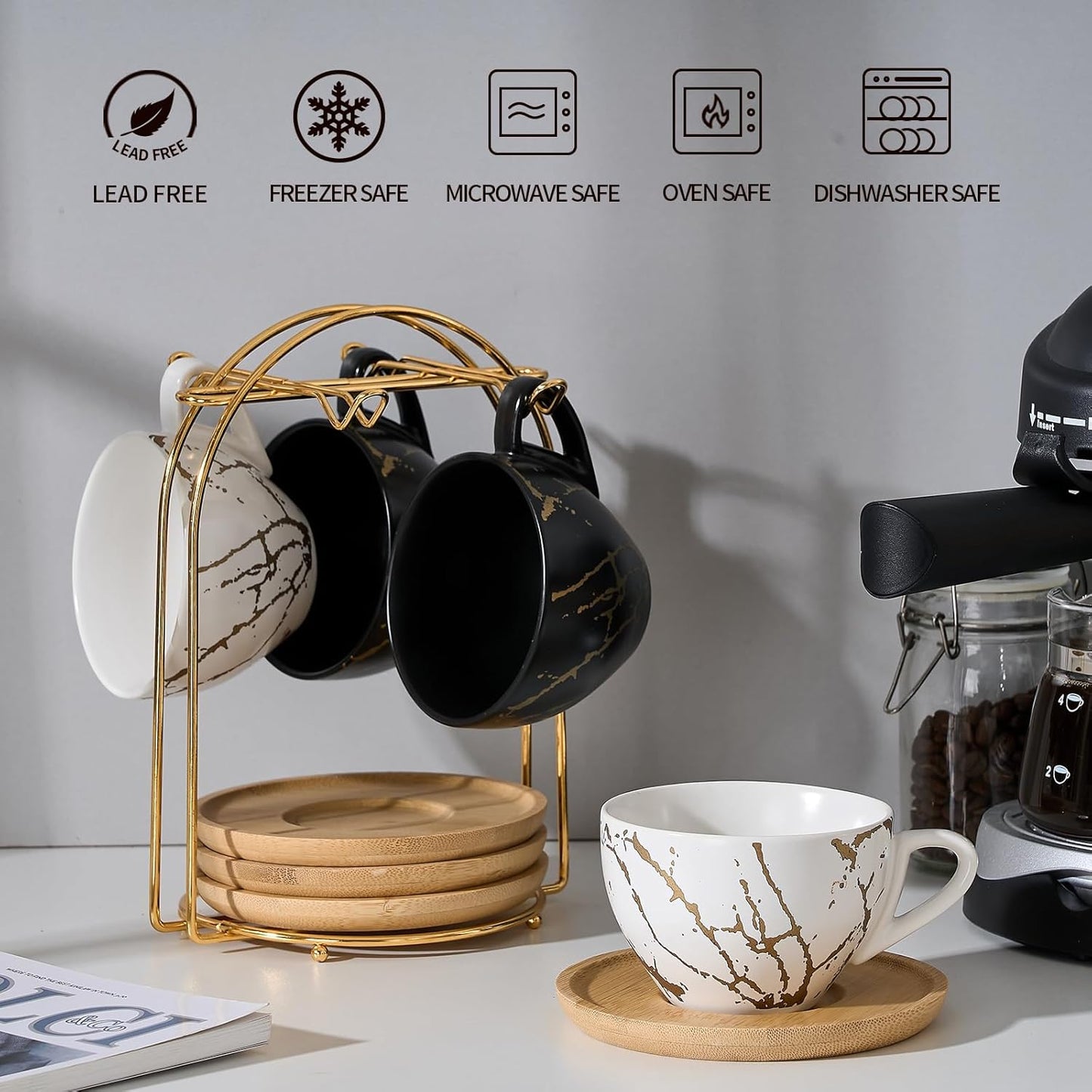 LUKA Ceramic Demitasse Espresso Cups Set with Saucers and Metal Stand, 8 oz Porcelain Stackable Cappuccino Cups Teacup For Tea, Espresso, Latte, Coffee, Cafe Mocha, Set of 4, White & Black