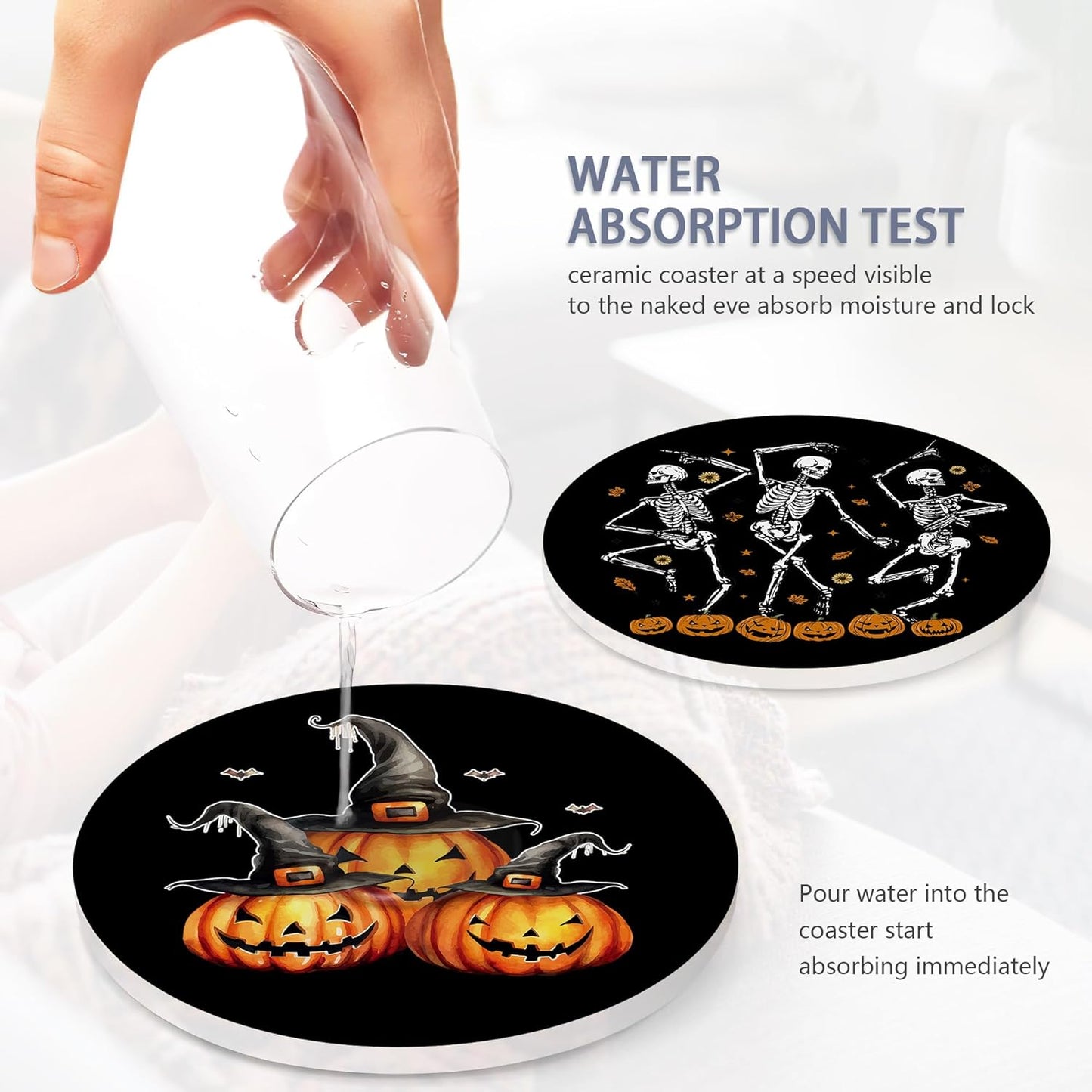 Coaster for Drinks Set of 6, Halloween Skeleton Skull Pumpkin Absorbing Round Ceramic Stone Coaster with Cork Base,Tabletop Protection Mat for Mugs and Cups,Coffee Table Wine Glass Home Bar 4 Inch