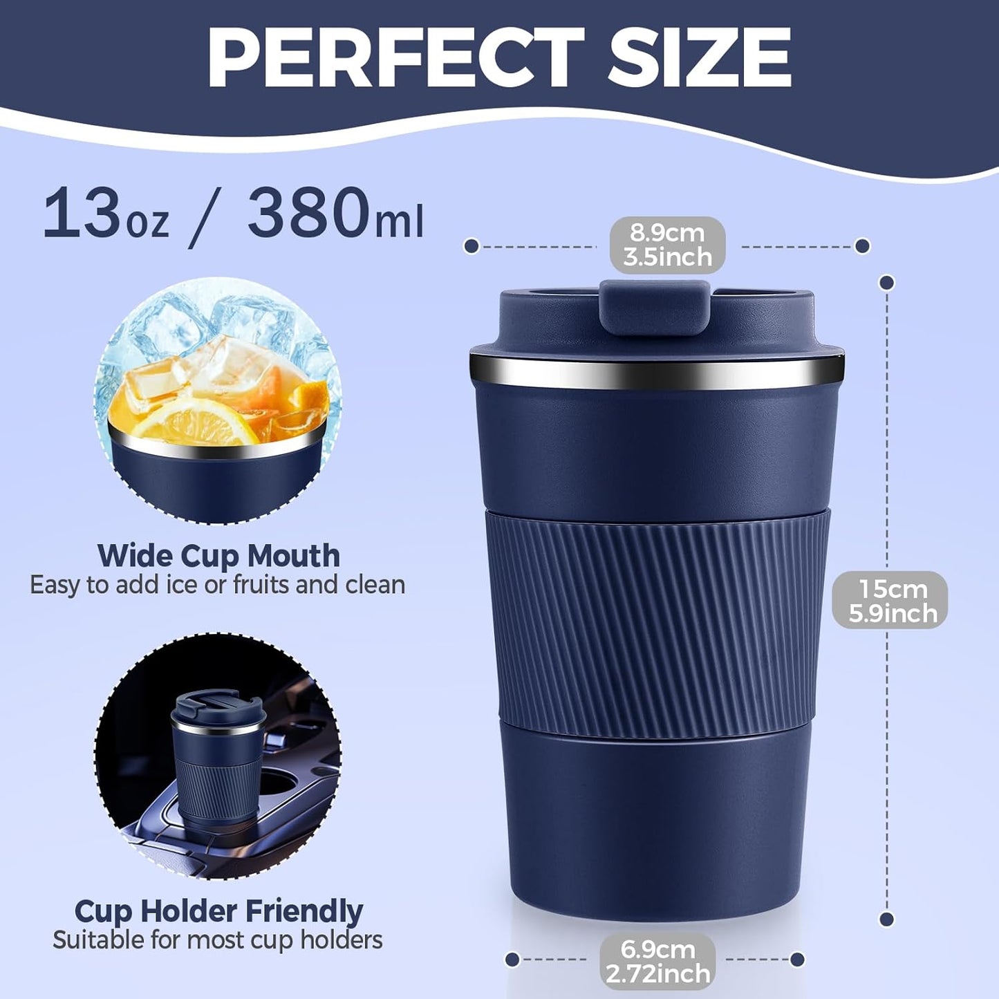 Volhoply 13 oz Stainless Steel Insulated Travel Coffee Mug with Fip Lid Bulk 8 Pack,Reusable Double Wall Vacuum Metal Coffee Cup,Portable Leak Proof Thermal Tumbler for Hot & Cold Drinks(Navy,8)