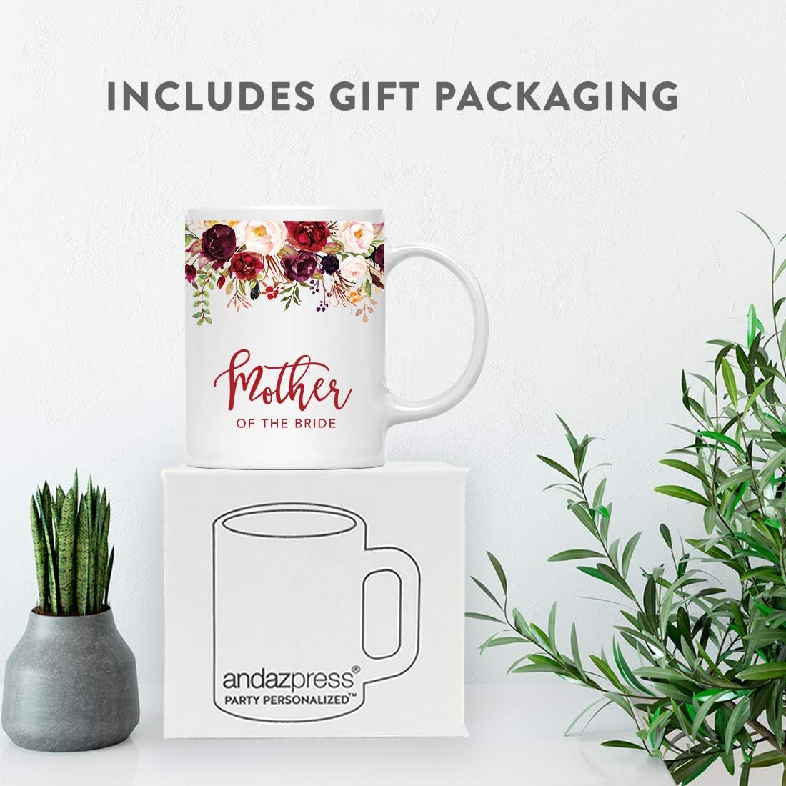 Andaz Press 11oz. Wedding Ceramic Coffee Tea Mug Gift, Fall Autumn Marsala Burgundy Flowers Roses Florals, Mother of the Bride, 1-Pack, Includes Gift Box