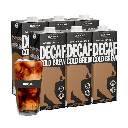 Wandering Bear Decaf Cold Brew Coffee, 32 fl oz, 6 pack - Extra Strong, Bold, Smooth, Unsweetened, Shelf-Stable, Ready to Drink, Iced Cold Brewed Coffee Drinks - Gluten Free & Vegan Decaf