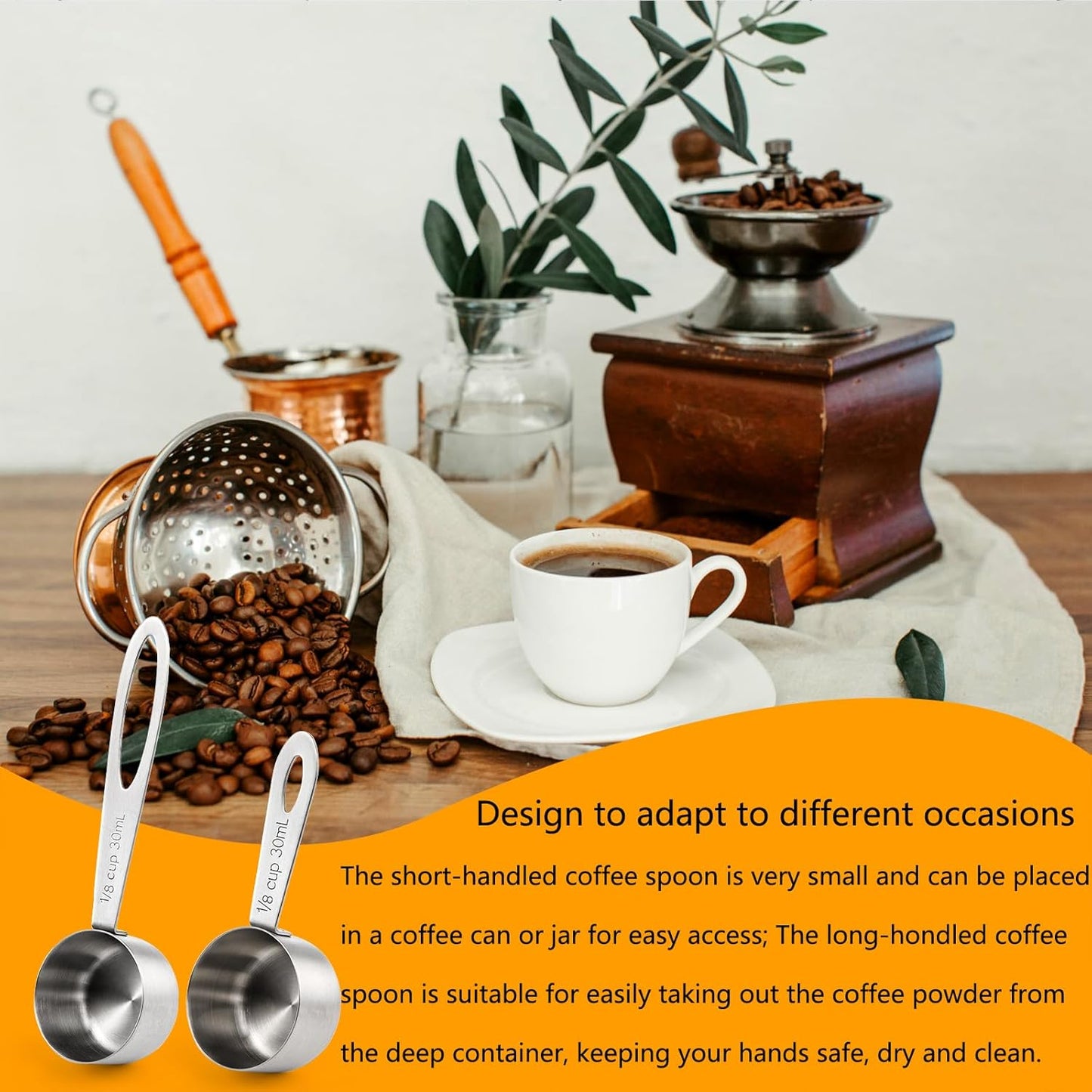 Hedume Set of 8 Coffee Scoop, Stainless Steel Coffee Measuring Scoops 1/8 Cup, Including 4 Pack Short Handled and 4 Pack Long Handle Coffee Scoops for Coffee, Tea, Sugar and Milk, 30 ml