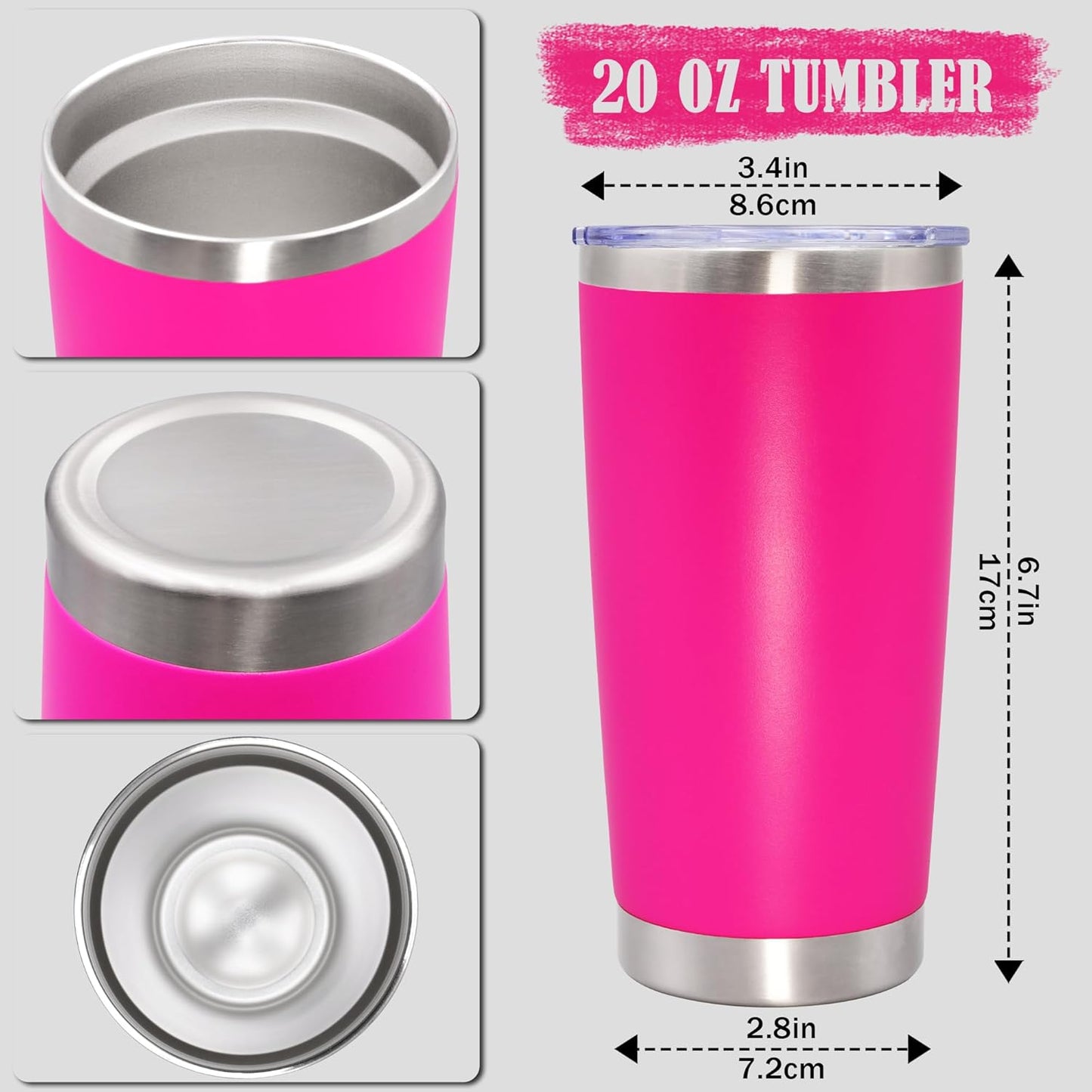 20 oz Tumbler Coffee Tavel Tumblers Bulk with Lid Stainless Steel Double Wall Vacuum Insulated Mug Powder Coated Cups fit Car Cupholder for Hot and Cold - Hot Pink, 8Pack
