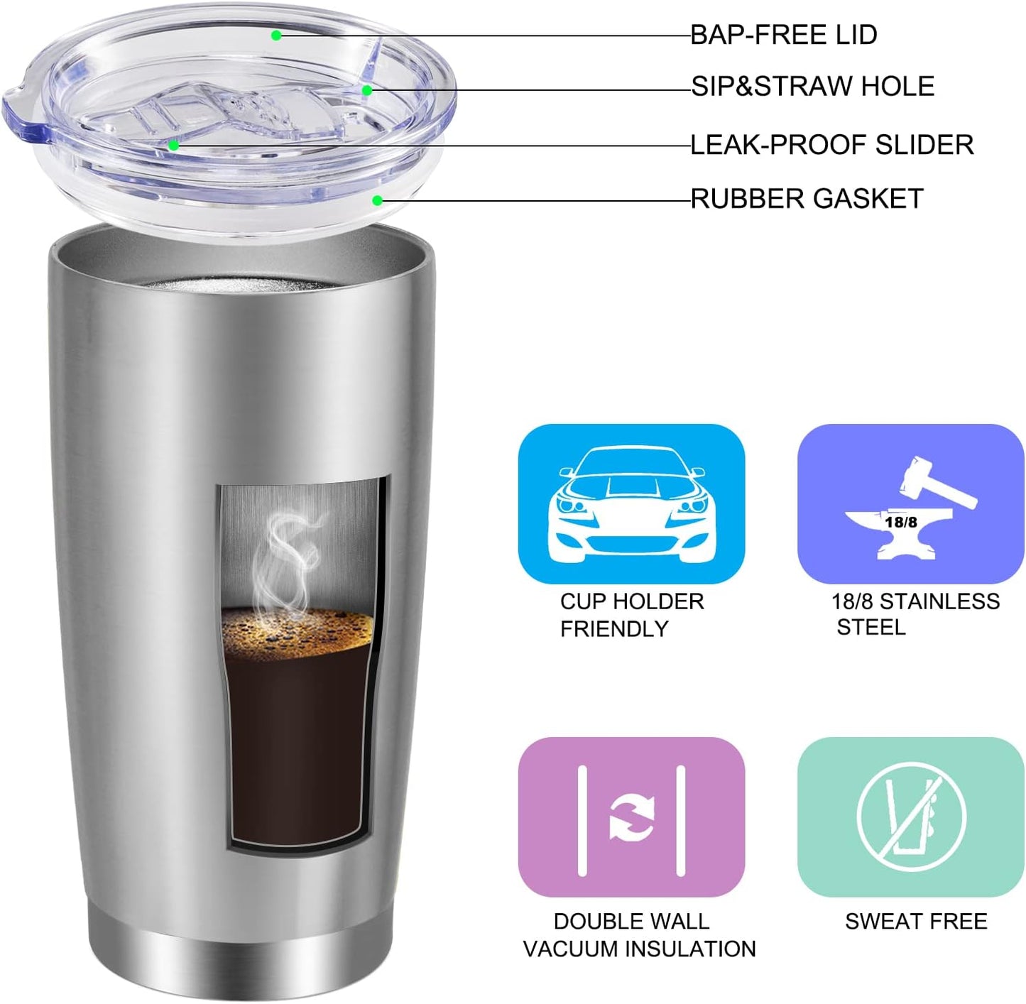 VEGOND 20oz Tumbler with Lid and Straw Stainless Steel Tumbler Cup Vacuum Insulated Double Wall Travel Coffee Mug Powder Coated Coffee Cup(Stainless 1 Pack)