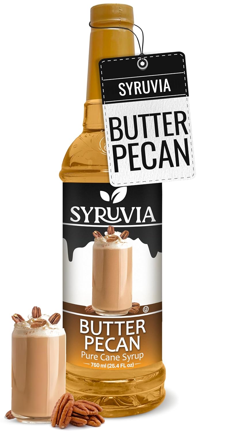 Syruvia Butter Pecan Syrup For Coffee 25.4 Oz. - Kosher & Gluten Free, No Coloring, Perfect for Drinks, Soda, Shakes, Desserts, and More.