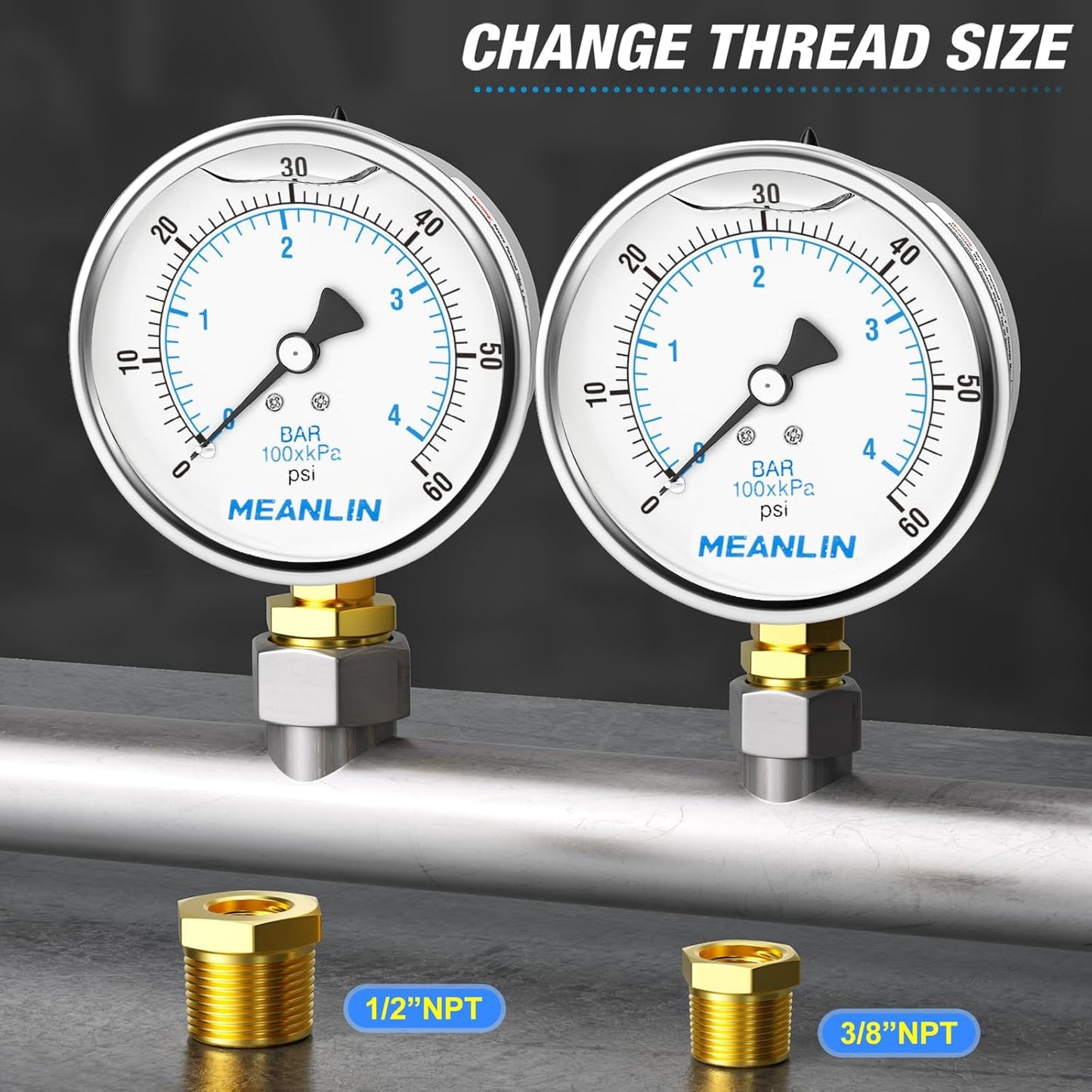 MEANLIN MEASURE 0~60Psi Stainless Steel 1/4" NPT 4" FACE DIAL Liquid Filled Pressure Gauge, Pool Sand Filter Water Pump Pressure Test Lower Mount, with 1/2" NPT and 3/8" NPT Hex Bushing