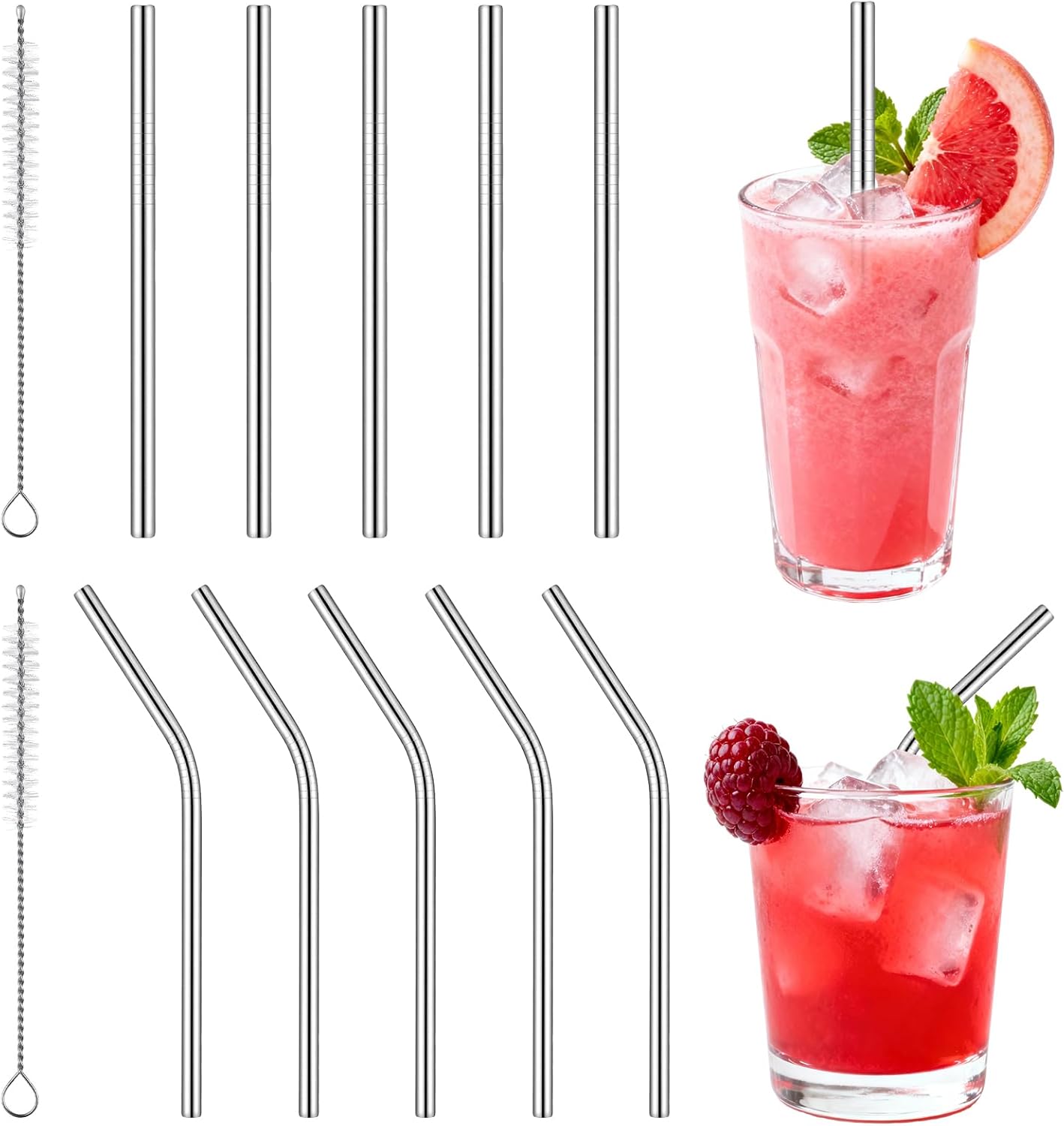 10Pcs Short Metal Straws, Metal Straws Reusable, Stainless Steel Straw Cocktail Straw with 2 Cleaning Brushes, Bent Cup Accessories for Coffee Mugs, Small Glasses or Cups