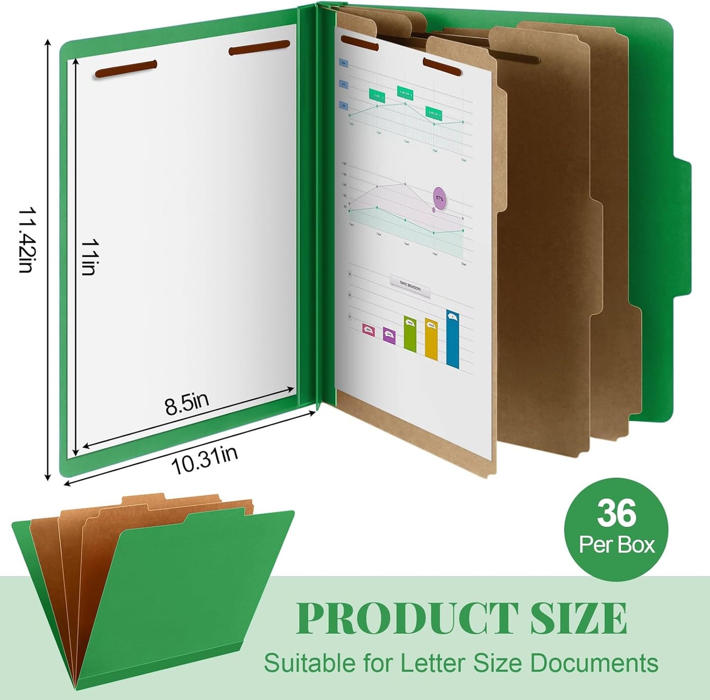 36 Pcs Classification Folders Letter Size, Back to School Supply for Teacher, Student, 3 Dividers Pressboard File Folder Bulk with 2 Fasteners, 3.5 Inch Expanding File Organizer (Green)