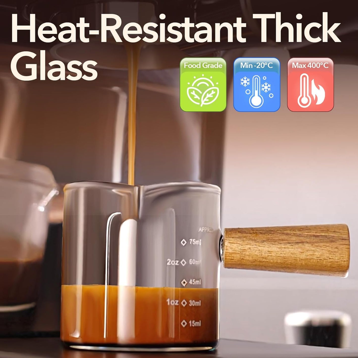 YARRAMATE 3oz Espresso Cups with Wood Handle (2 pack), Clear Glass Espresso Accessories, Double Spout Glass Measuring Cup with Dual Scale, Espresso Shot with V-Shaped Spout