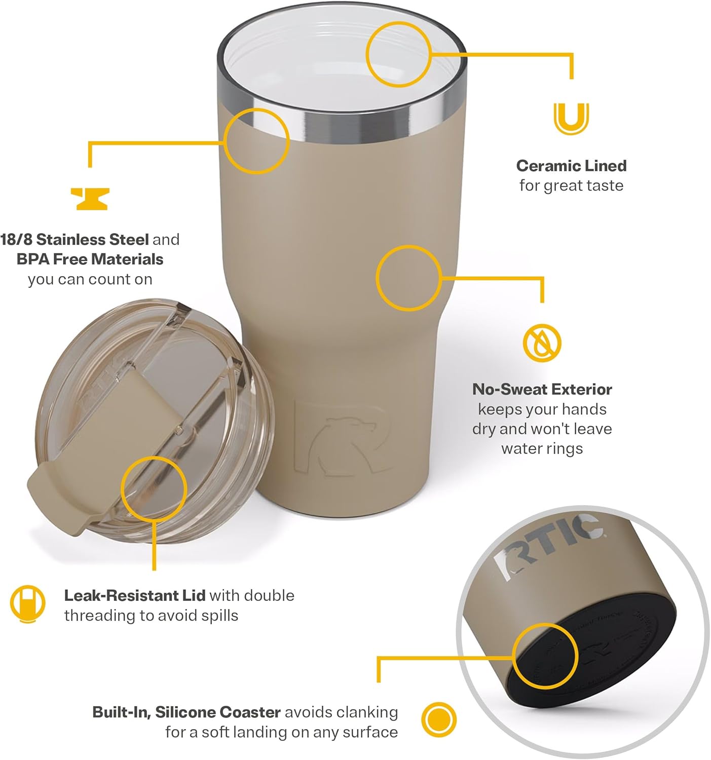 RTIC 20oz Essential Tumbler with Lid, Insulated, Stainless Steel, Metal, Double Wall Vacuum-Insulation, Ceramic Lined, Travel Cup for Iced Coffee, Tea, Hot and Cold Drink, Beach