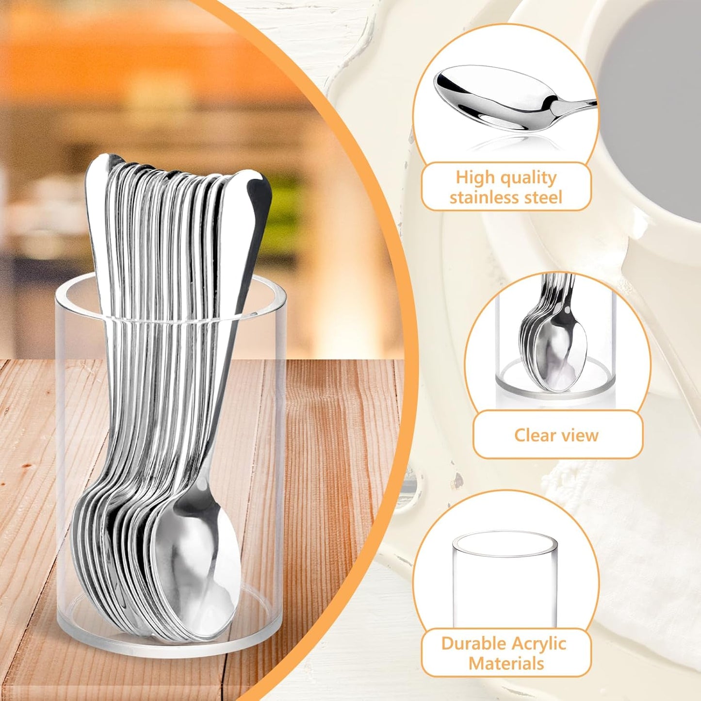 12 Pcs Mini Coffee Spoons with Holder 4.7 inch Demitasse Espresso Stainless Steel Spoons Tea Spoons set of 6 with Acrylic Cylinder Holder Small Coffee Spoons Silver for Coffee Bar Tea Party Home