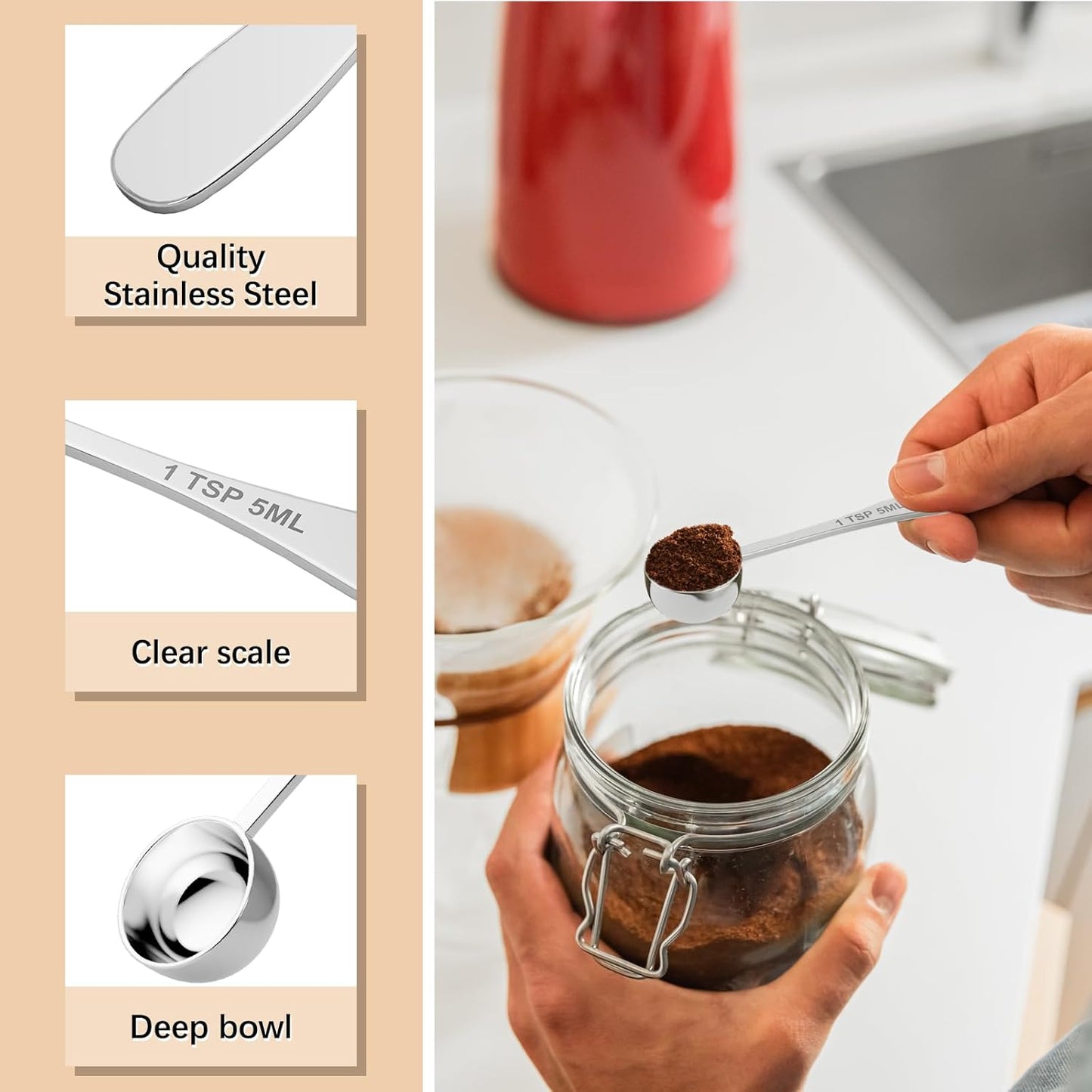 2PCS 1/2tsp(1/6tbsp, 2.5 ml) Single Measuring Spoon, Stainless Steel Individual Teaspoon, Metal Measure Scoop with Gift Box