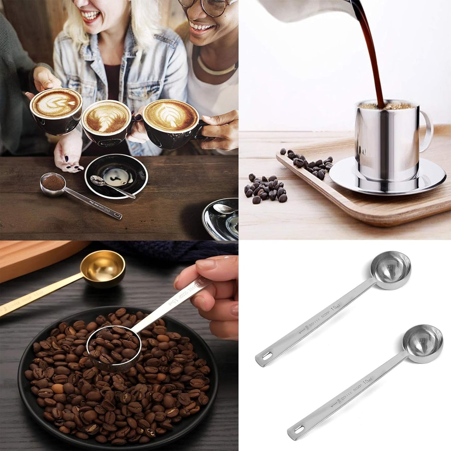 2-piece stainless steel tablespoon measure spoon, coffee scoop 1 tablespoon, long handle coffee scoop suitable for coffee powder and coffee making (silver-2pcs-15ml)
