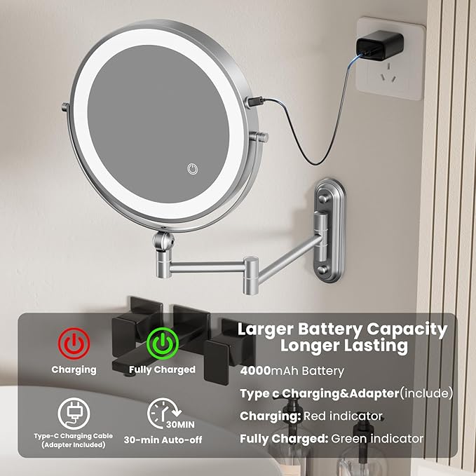 9" Wall Mounted LED Lighted Makeup Vanity Mirror - 4000mAh Rechargeable Double - Image 3