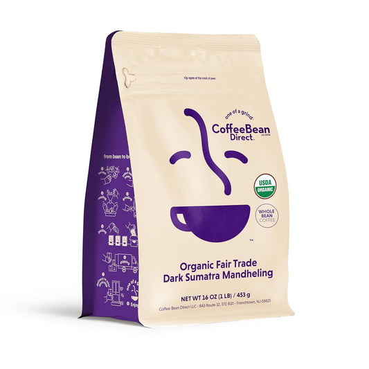 Coffee Bean Direct Organic Fair Trade Dark Sumatra Mandheling, Whole Bean Coffee, Dark Roast, 1 Pound Bag (Pack of 1)