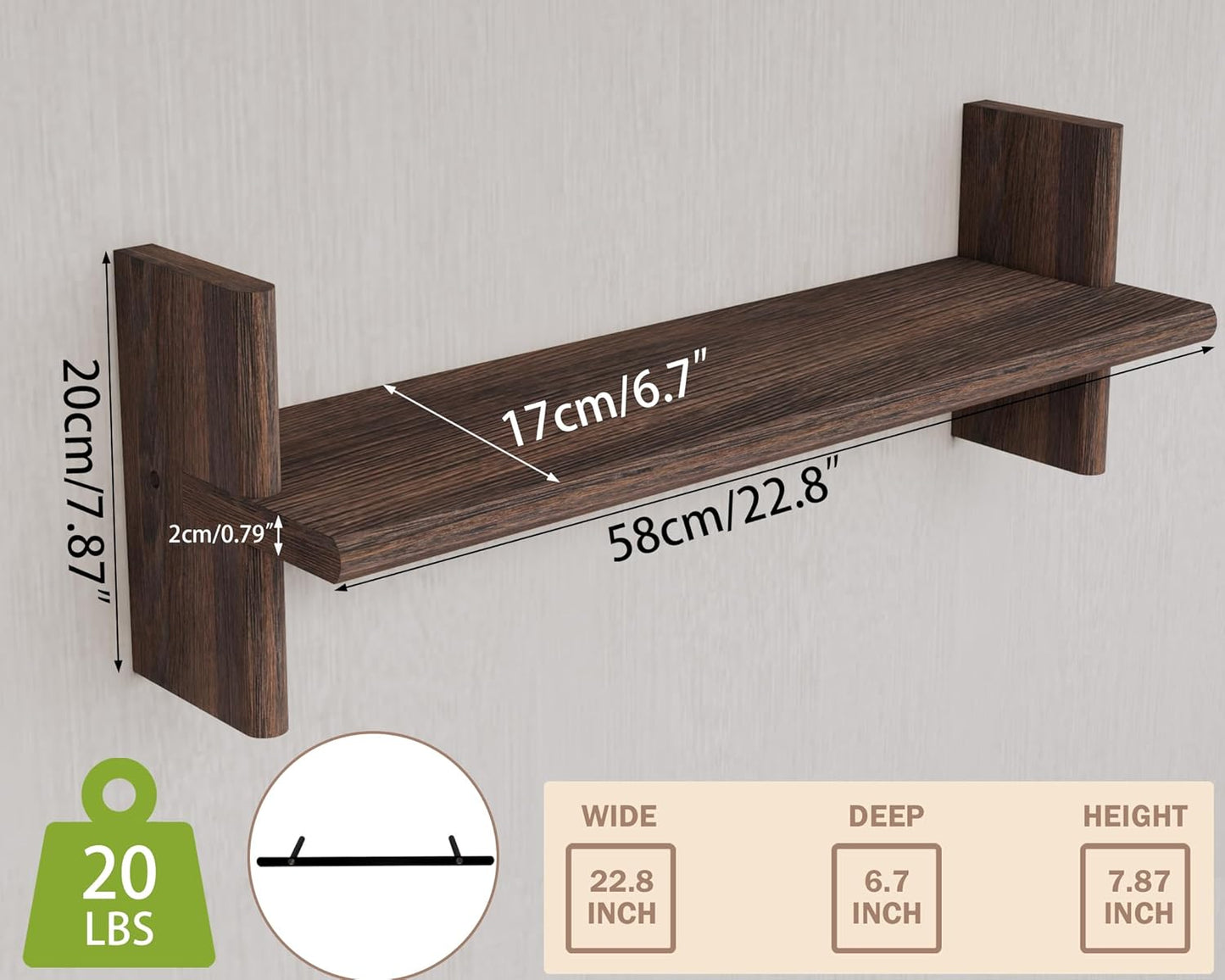 Rustic Floating Shelves – 22.8"x6.7" Solid Wood Bookshelves for Books, Plants, Photos & Decor – Brown Wooden Storage for Bedroom, Living Room, Bathroom, Kitchen