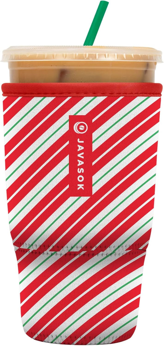 Sok It JavaSok Iced Coffee & Cold Soda Insulated Neoprene Cup Sleeve (Candy Cane Stripes, Large: 30-32oz)