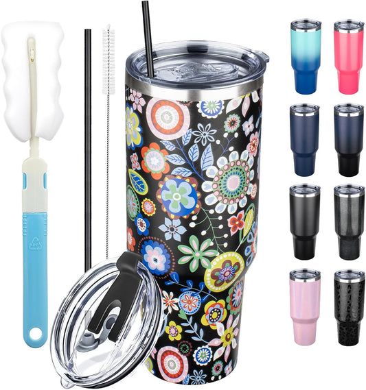40 oz Tumbler with Lids and Straws, Stainless Steel Insulated Coffee Tumbler, Double Wall Vacuum Insulated Travel Mug Cup, Leakproof Thermal Coffee Cup for Hot and Cold Drinks (Flower)
