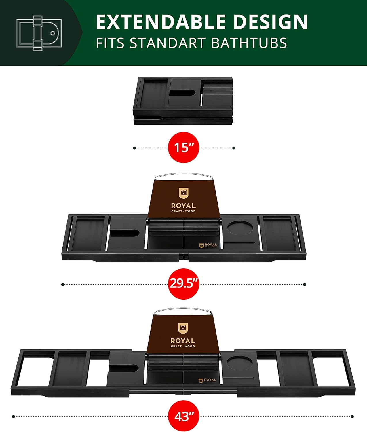 ROYAL CRAFT WOOD Premium Foldable Bathtub Tray - Wood Bath Tray for Tub, Bamboo Shelf, Expandable Bath Table Trays, Bathtub & Bathroom Accessories for New Home & Mothers Day & Birthday Gifts for Mom