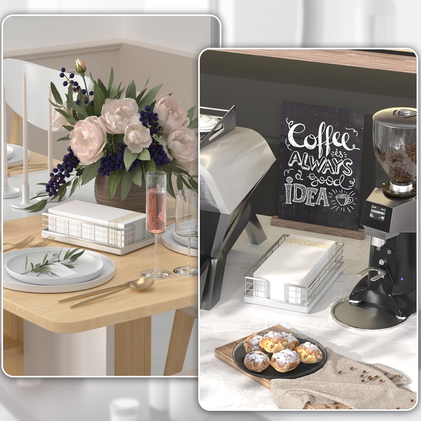 Wican Marble Guest Towel Holder Tray for Bathroom, Napkins Holder for Powder Room Dinning Table Wooden Basket for Disposable Paper Hand Towels Silvery and Marble White