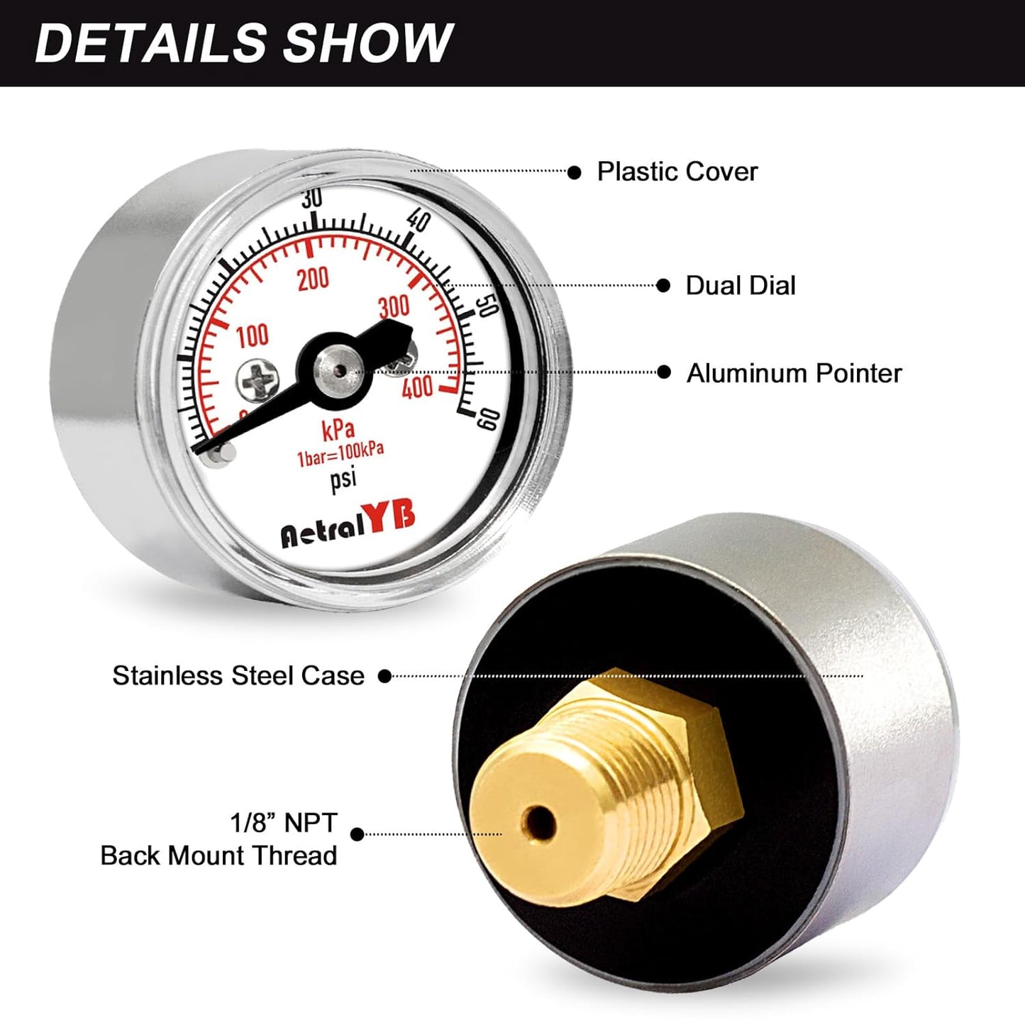 0-60Psi/400Kpa Pressure Gauge, 1 Inch Dial, 1/8" NPT Back Mount, Mini Air Pressure Gauge, 304 Stainless Steel Case, for Water Pumps, Air Compressors Pressure Test