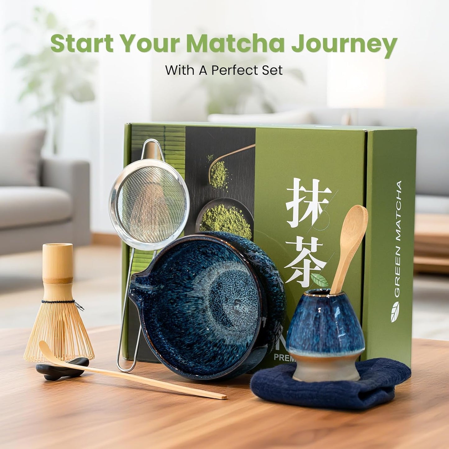 Matcha Whisk Set, Ceramic Matcha Set Includes Matcha Bowl, Matcha Whisk & Holder, Scoop, Sifter, Spoon, Scoop Rest, Tea Mat, User Manual - 9 Pcs Matcha Kit for Matcha Lovers (Blue)