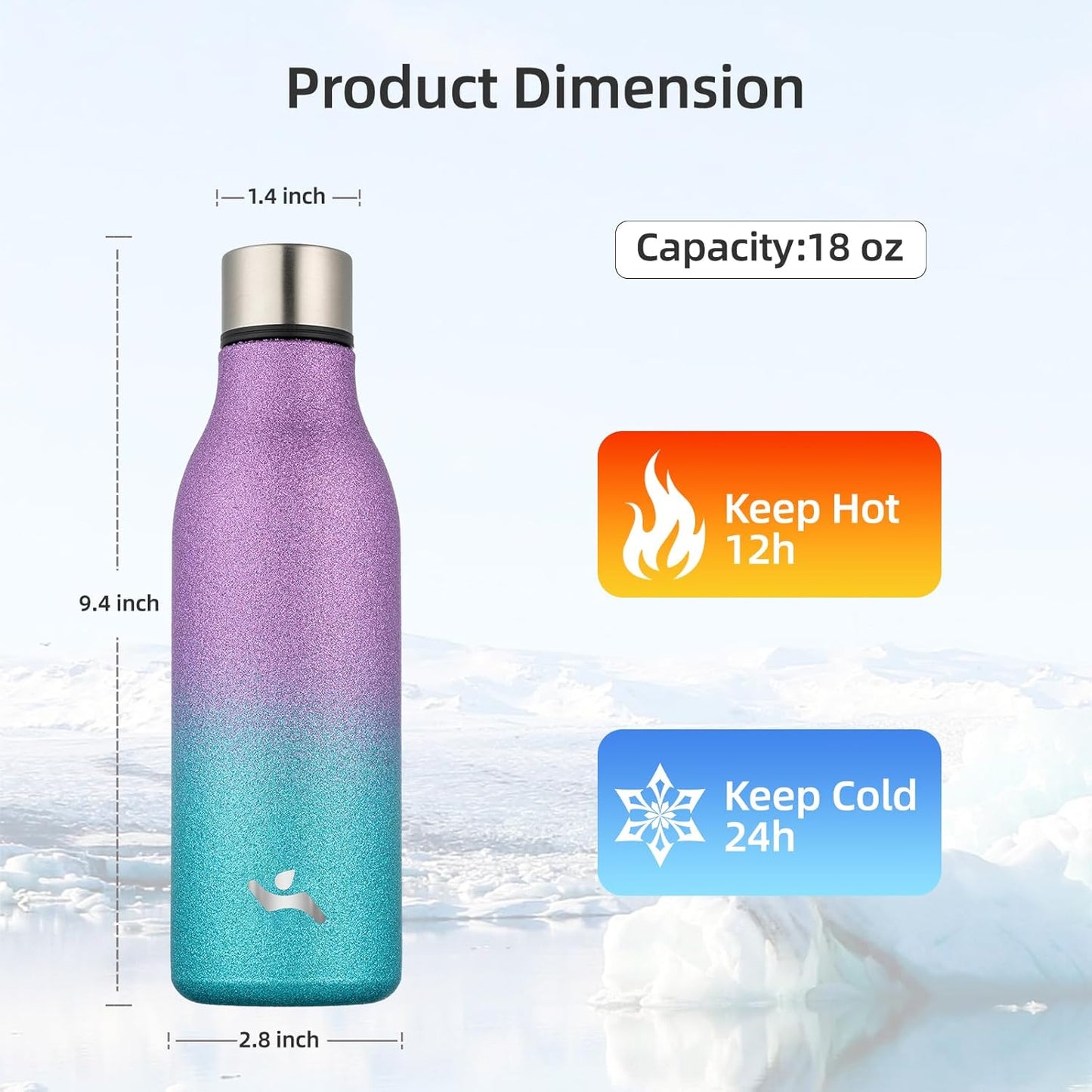 Insulated Water Bottle with Strap,18 oz Double Wall Stainless Steel Vacuum Bottles Metal Water Flask,Sparkling Purple Green