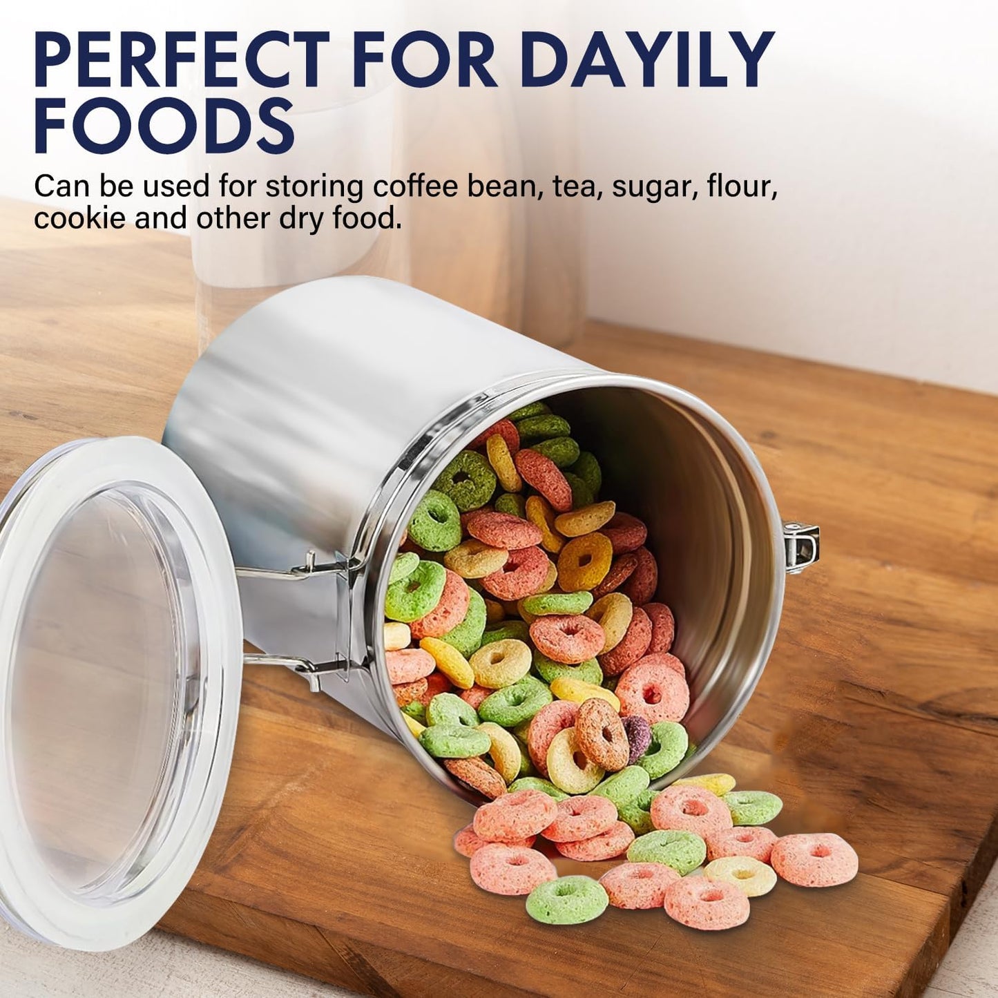 ENLOY 165oz Stainless Steel Airtight Canister for Kitchen, Large Flour Coffee Bean Tea Cereal Sugar Cookie Metal Food Storage Canisters with Clear Lid and Sturdy Locking Clamp (7.7 * 7.7 * 8.4in)