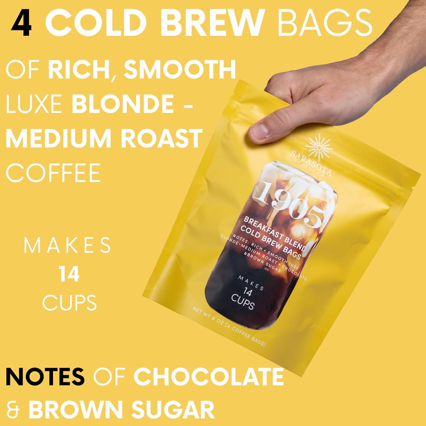 Sarasota Coffee 1905 Cold Brew Coffee Bags | Breakfast Blend Blonde-Medium Roast | 100% Arabica | Smooth & Low Acid | Ground Pouches | Cold Brew Kit Makes 14 Cups | Rich & Smooth Flavor