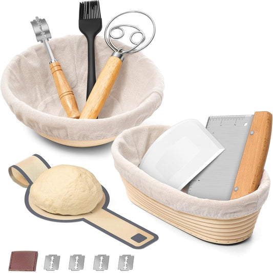 P&P CHEF Sourdough Bread Baking Supplies, 9” Round & 10” Oval Sourdough Proofing Baskets Starter Kit, Bread Making Tool Set with Cloth Liner Bread Lame Scraper Brush Dough Whisk