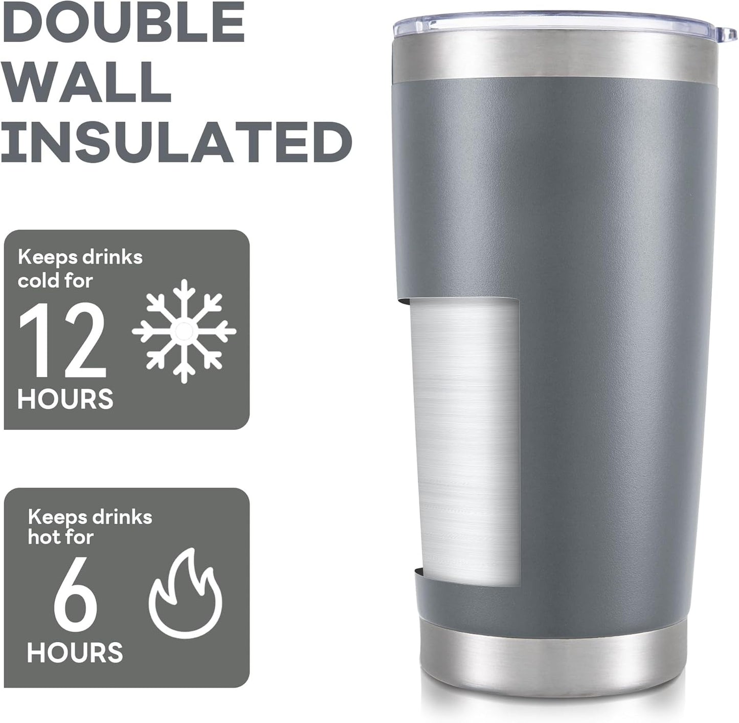 20 oz Tumbler with Lid Stainless Steel Insulated Tumblers Bulk Double Wall Vacuum Cups Powder Coated Travel Mug Keep Drinks Cold and Hot, Grey, 12 Pack