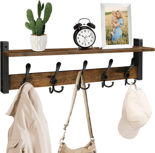 Homode Rustic Brown Wall Mount Coat Rack with Shelf and 5 Tri Hooks, Wood Coat Hangers for Hanging Hat, Towel, Purse, Jacket