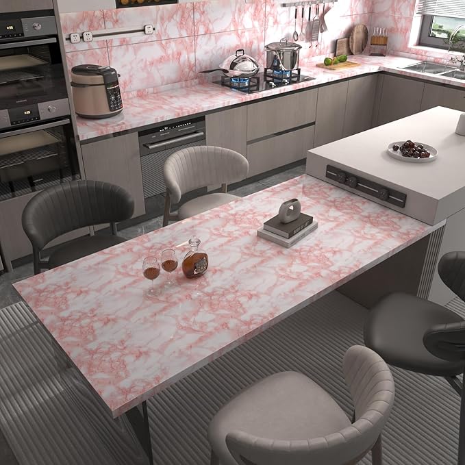 BAYYA Extra Wide Marble Contact Paper Granite Peel and Stick Wallpaper Pink - Image 3