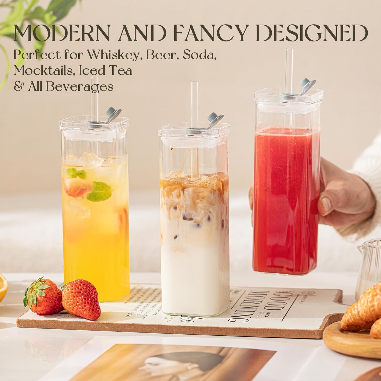 6 Sets Square Drinking Glass Cups, Old Fashioned Glasses, 17 Oz Square Glasses, Clear Highball Modern Glassware Tumbler Mixed Drinkware with Straws for Cocktail Coffee Juice Beer (Square-6PCS)