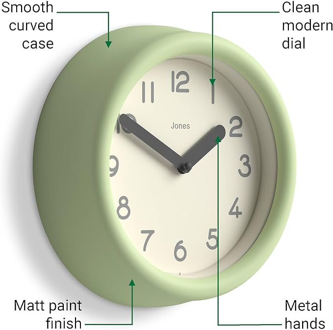 JONES CLOCKS® Fuze wall Clock | Small Round Clock | Matcha Green | Playful - Image 5