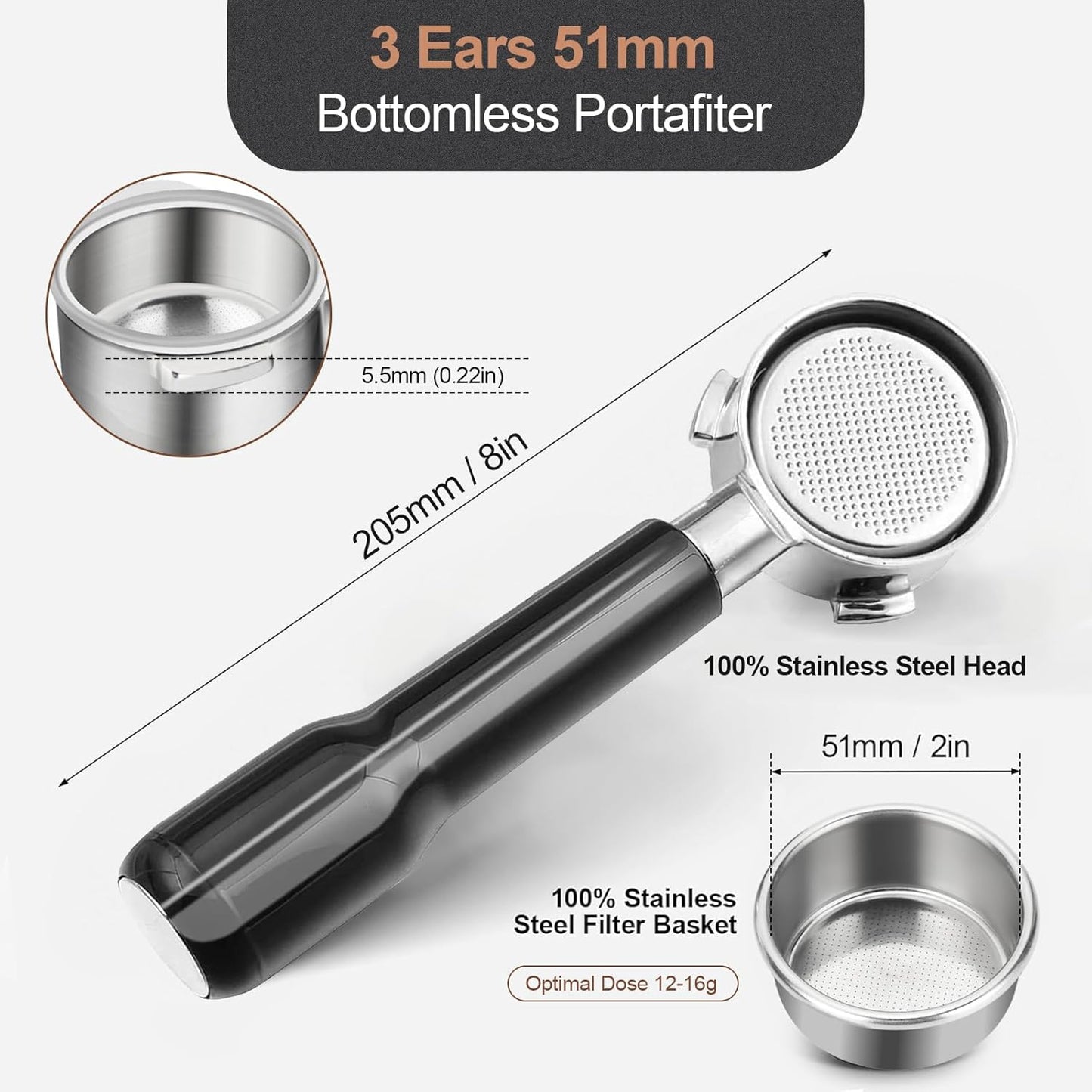 51mm Bottomless Portafilter & Puck Screen, 3 Ears Stainless Steel Head, Only Compatible with De'Longhi EC680, EC685, EC885, and SMEG ECF01, Includes 304 Stainless Steel Filter Basket