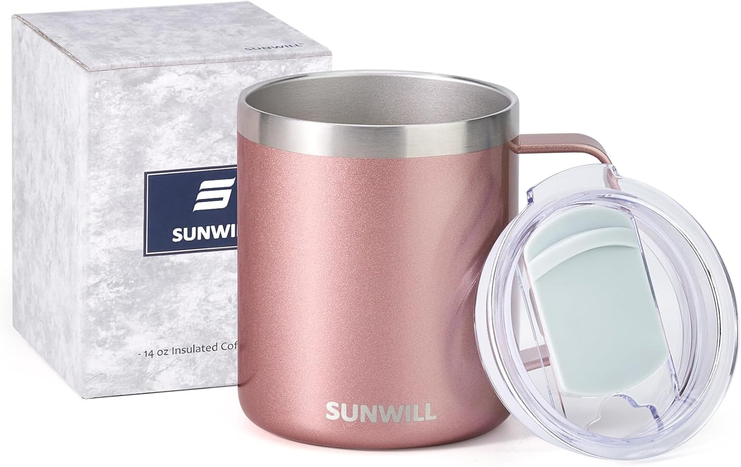 SUNWILL Travel Coffee Mug with Lid, Insulated Tumbler with Handle, 14 oz Stainless Steel Cup for Ice, Water, Tea, Rose Gold