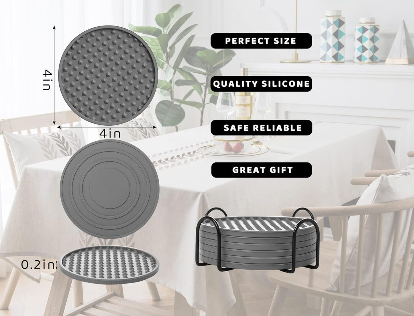 Coasters for Drinks 6 Pack Drink Coasters with Holder,Heat Resistant Silicone Cup Mat Tabletop Protection,Non-Slip Rubber Coaster for Kinds of Cups (Grey)